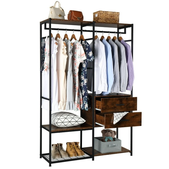IVV Modern Wardrobe Organizer with Clothing Hanger Rod, 2 Drawers, Shoe Bench, Heavy Duty Metal Clothes Rack, Brown & Black