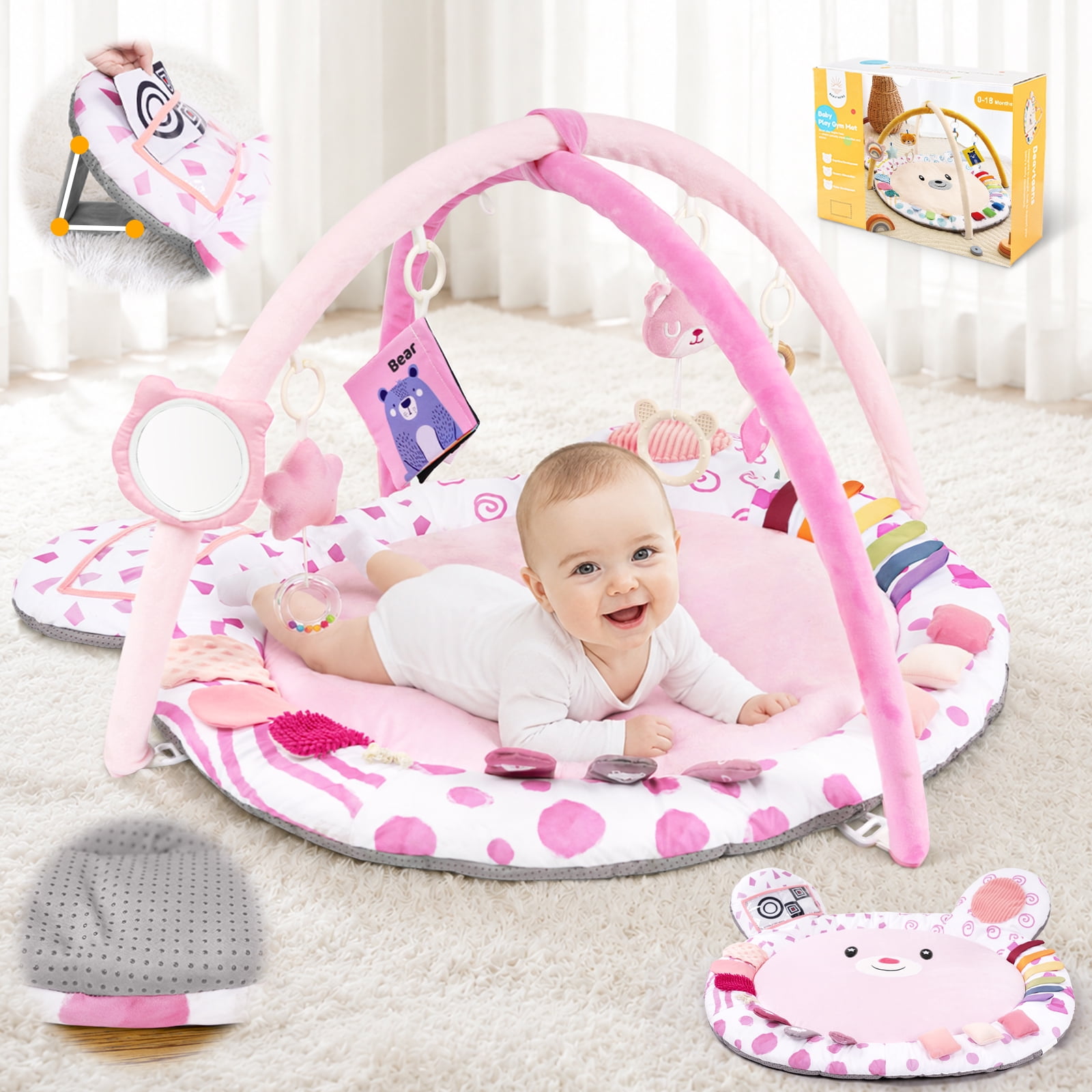 Beavtaens Baby Gym Play Mat, Large Mat with 6 Sensory Zones, 4-in-1 Tummy Time for Infants 0-18M