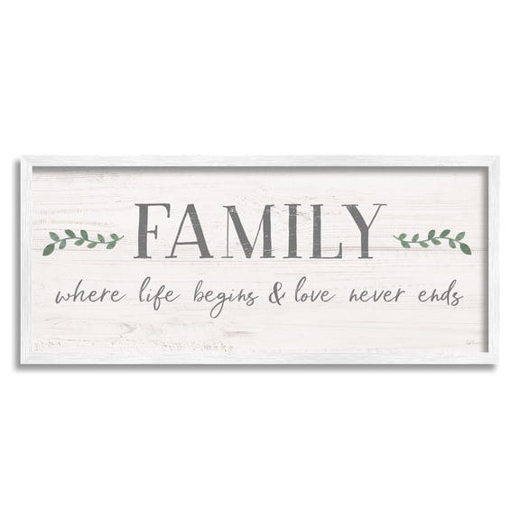 Stupell Industries Family Life Begins Love Never Ends Motivational Phrase Graphic Art White Framed Art Print Wall Art, 30x13, by Natalie Carpentieri