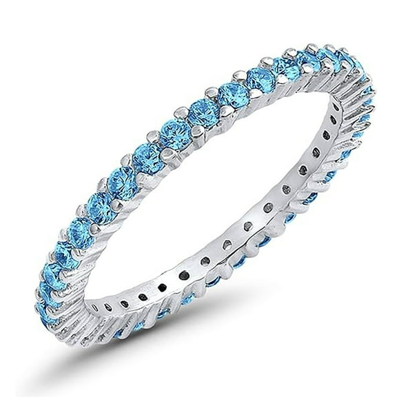 Round 2 mm Blue Topaz Full Eternity Band Ring Stackable Ring 925 Sterling Silver Gemstone Jewelry For Women Gift