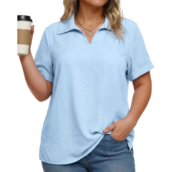 Oryer Womens Plus Size Tops V Neck Trendy Tunic Polo Casual Shirts Short Sleeve Womens Blouses Summer