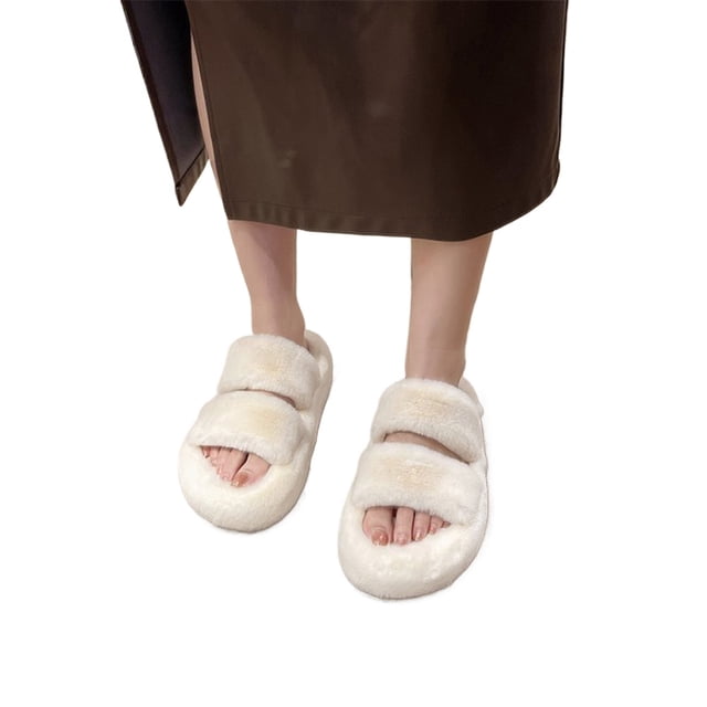 Casa Zapatos Dos Bandas Felpa Difusa Cómoda Piel Sintética Esponjosa para Mujer