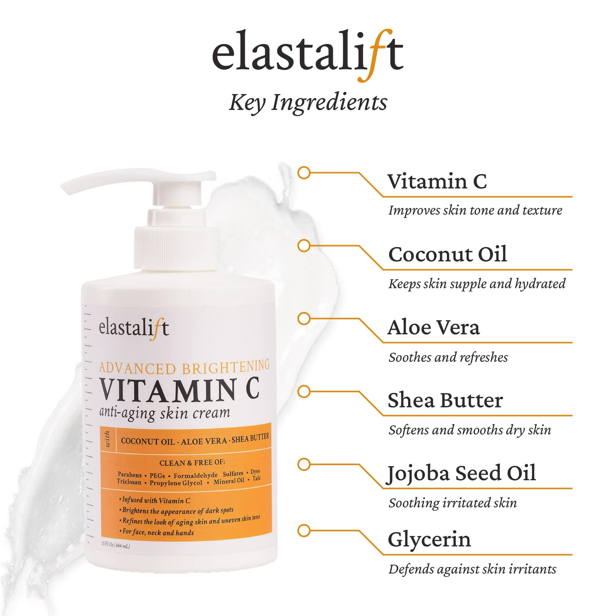 Elastalift Vitamin C Face & Body Brightening Cream Moisturizing Skin Care Lotion, Anti Aging Vitamin C Skincare Moisturizer For Body, Neck, Hands, Age Spots, Wrinkles, & Sun Damaged Skin, 15 Fl Oz