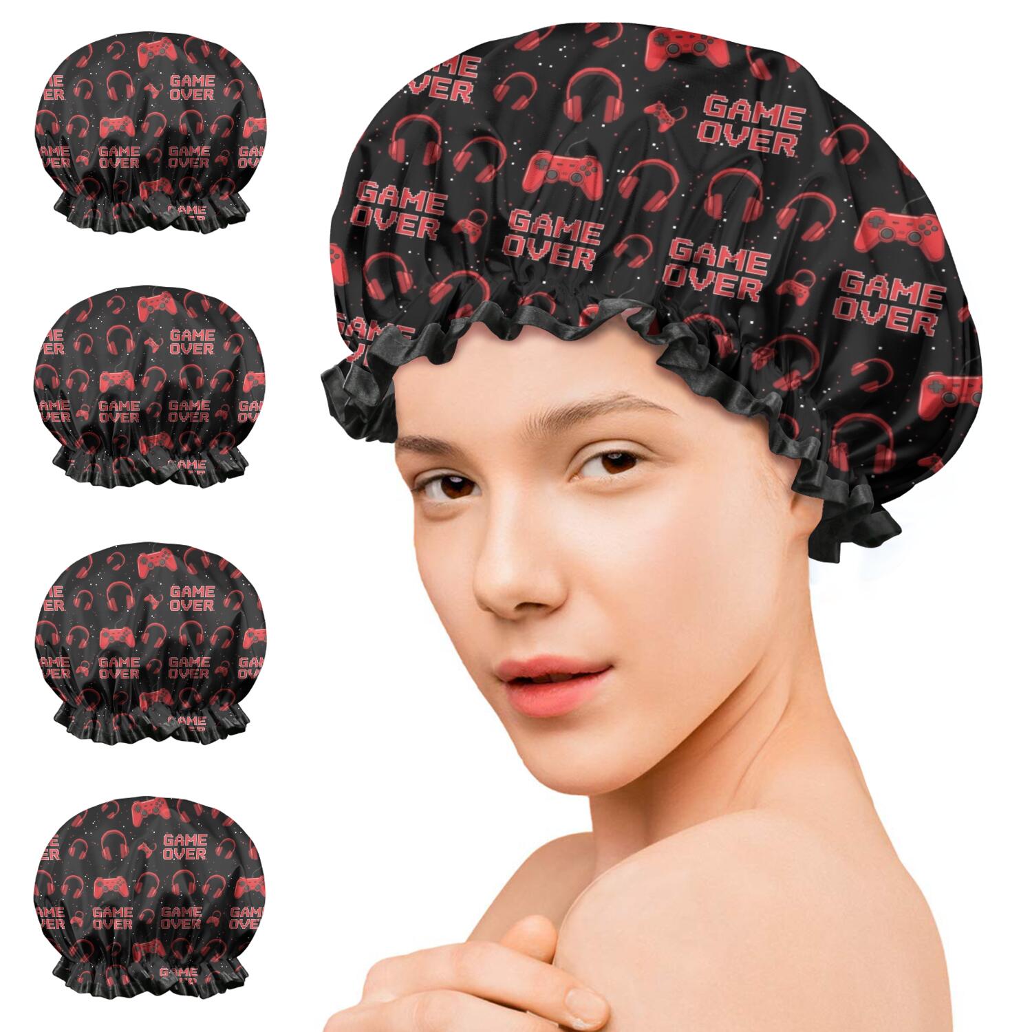 Shower Caps,Red Controllers Games Icons Black Pattern Waterproof Shower Cap for Women 4 Pieces,Double Reusable Hair Cover for Shower PEVA Elastic Stretch Hem