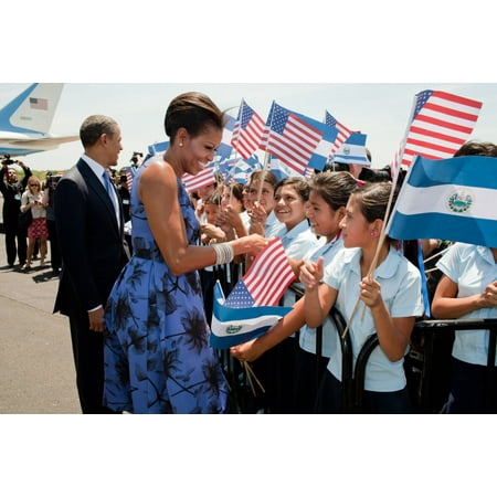 - President And Michelle Obama Greet Children During The Arrival Ceremony At Comalapa International Airport In San Salvador Michelle Wears A Printed Jason Wu Dress Accessorized With An Alexis Bittar Pin