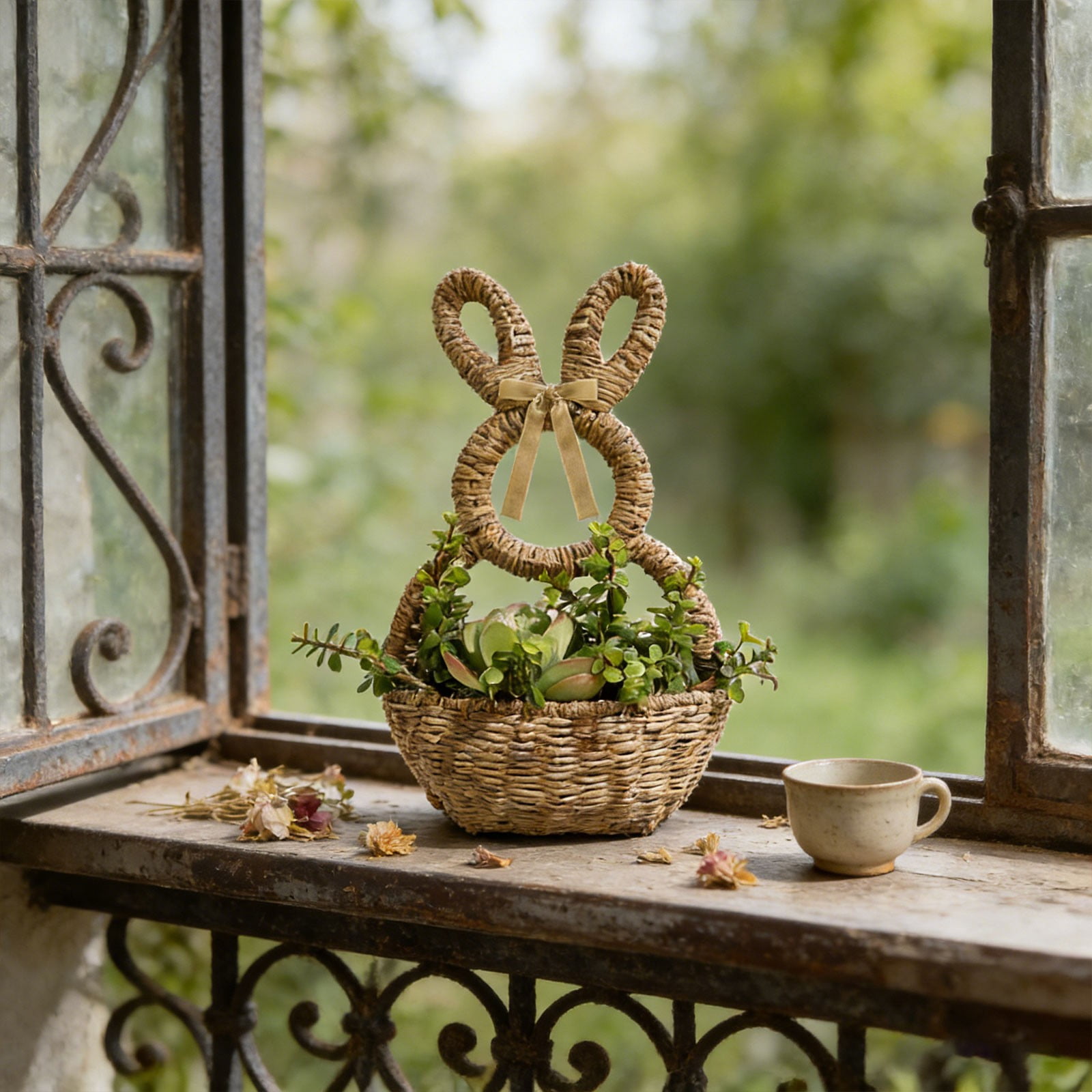ERTZAE Natural Rope Woven Craft,Durable Natural Rope Woven Basket,Easter Bunny Design Planter,Festive Holiday Decoration,Beige Rope Woven Bunny Flower Basket 16x8Inch,Easter Planter & Storage Decor