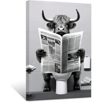 ZHONGYUTONG Funny Bathroom Wall Art Cute Highland Cow Reading Newspaper on Toilet Poster Black White Animal Canvas Prints for Rustic Restroom Framed (16.00" x 24.00")