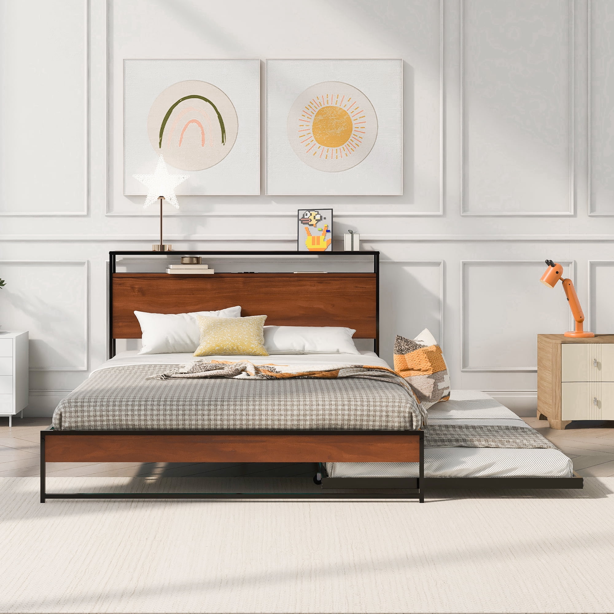 Aukfa Queen Size Metal Bed Frame with Trundle, USB Charging Ports and Storage Headboard, Modern Platform Bed with Wood Accents, Black
