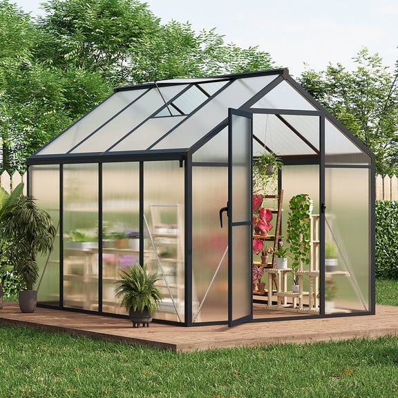 CazToi 6x8 FT Outdoor Walk-in Polycarbonate Greenhouse with Aluminum Frame Lockable Door & Adjustable Roof Vent