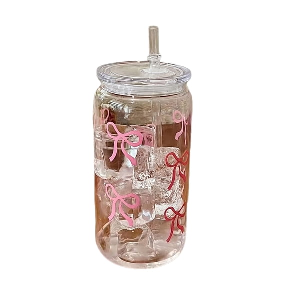 Bow Glass Cup, Glass Iced Coffee Cup with Lid, Heat Resistant Clear Glass, Cold Coffee Sipping, Casual Outdoor Use, Pink Red Print, 16 Oz, 1 Set
