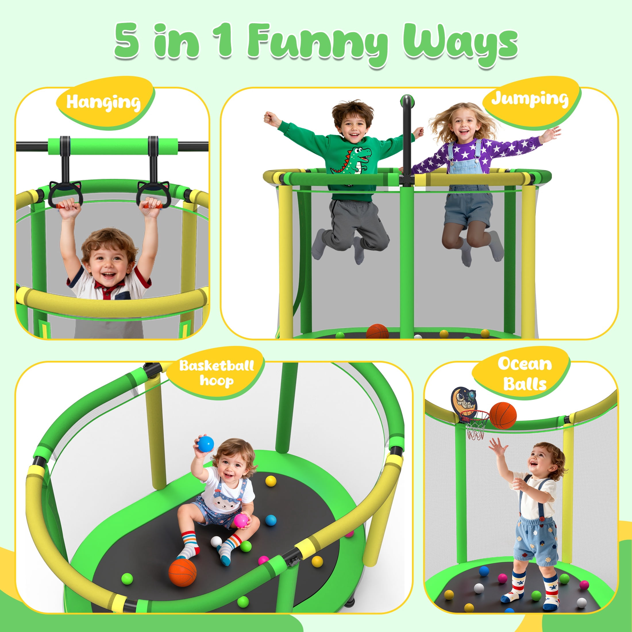 60" Trampoline for Kids with Basketball Hoop, SHINPT Recreational Trampolines with Safety Enclosure Net, Mini Outdoor Trampoline with Adjustable Gymnastics Bar, Easy Assembly, Outdoor, Indoor