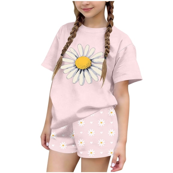 Cethrio Girls Summer Outfit Sets 2 Piece, Graphic Crew Neck Short Sleeve Kids' Clothing Sets Pink Size 10-12