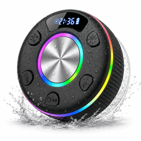 Bluetooth Shower Speaker, IPX7 Waterproof Wireless Speaker with Suction Cup, Time & Battery Display, Hands-Free Calls, 8–15H Playtime, 360° Sound Portable Mini Speaker for Bathroom and Travel