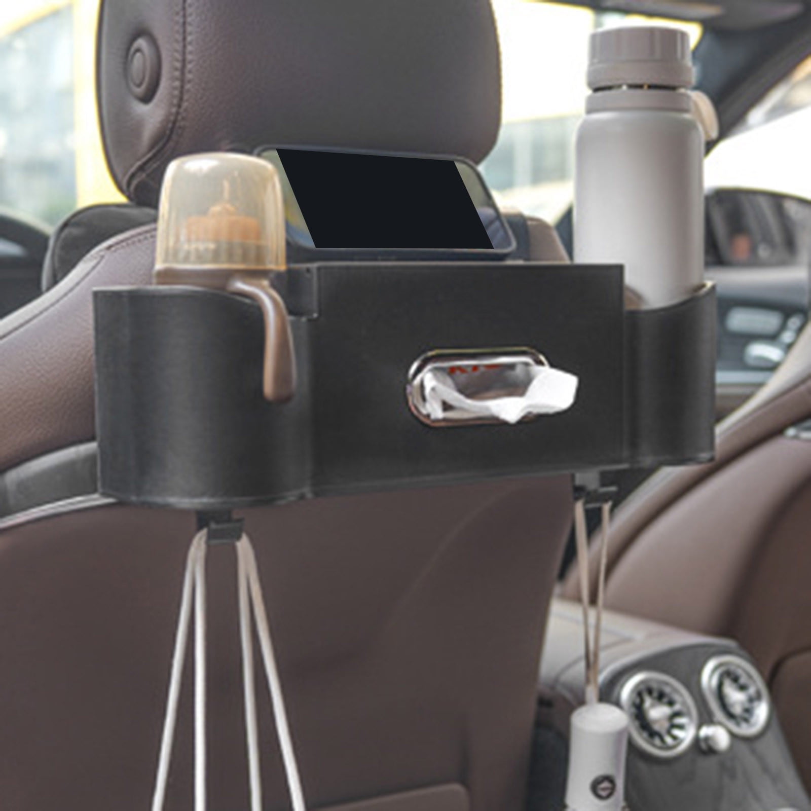 Car Backseat Organizer with Drink Holders & Hooks - 3-in-1 Storage Box for Tissues, Phone & Purse - Universal Headrest Attachment for Cars, SUVs & Trucks