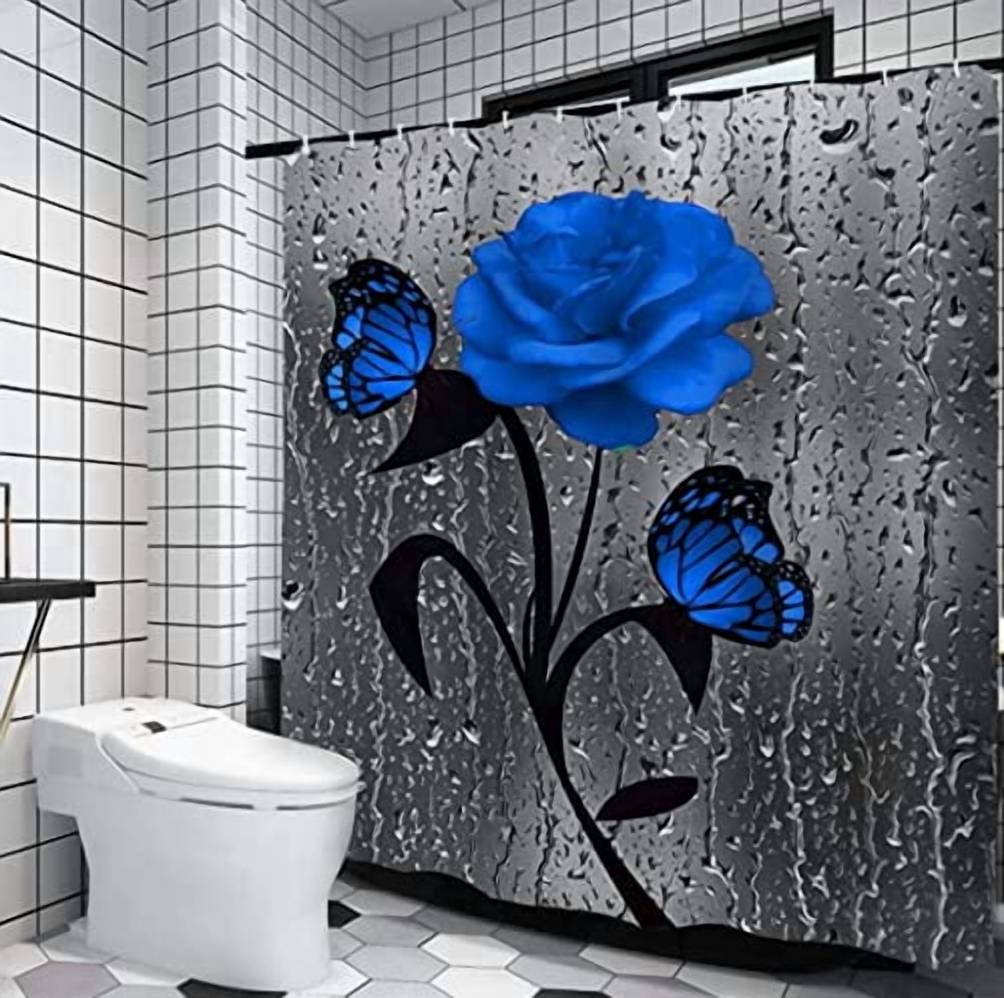 Blue Rose Shower Curtain Sets with Non-Slip Rugs, Toilet Lid Cover and Bath Mat, Nautical Ocean Shower Curtains with 12 Hook s, Durable Waterproof Bath Curtain (Blue Rose)…