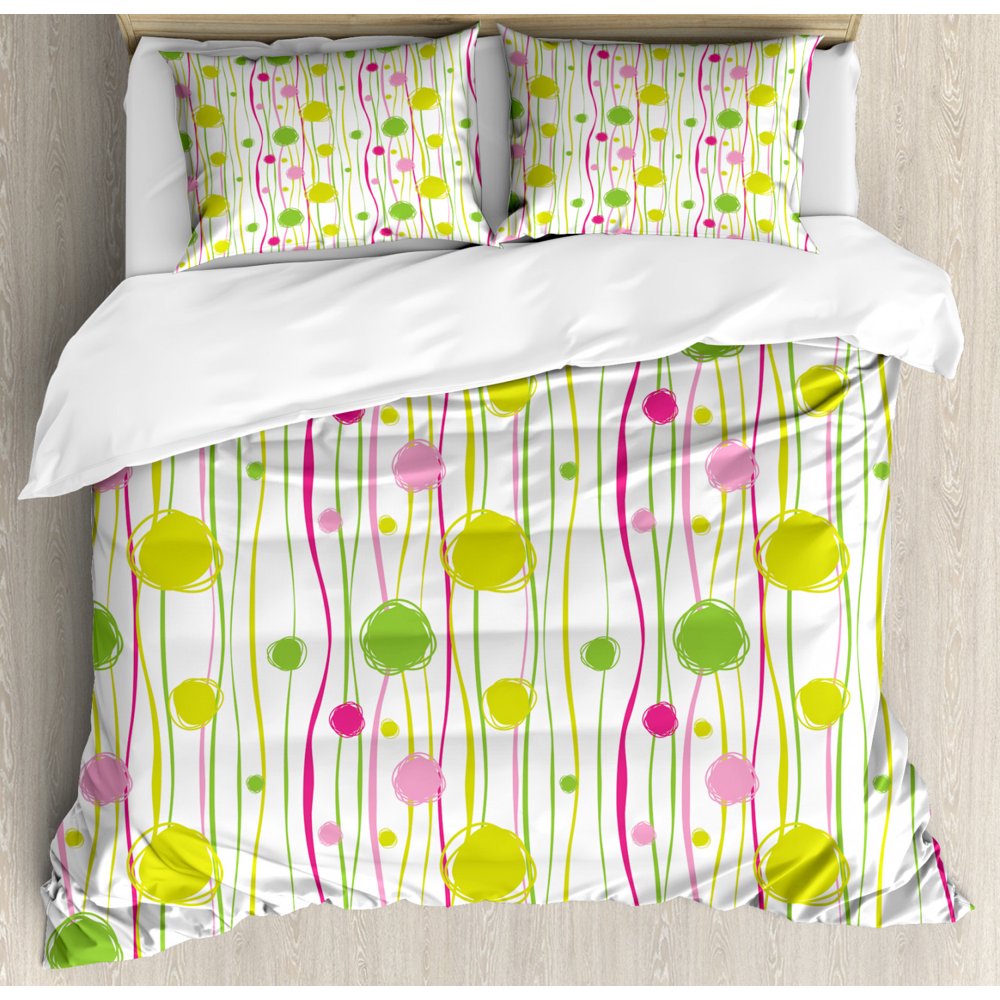 Green and Pink Queen Size Duvet Cover Set, Doodle Style Random Wavy Stripes with Big Small Spots