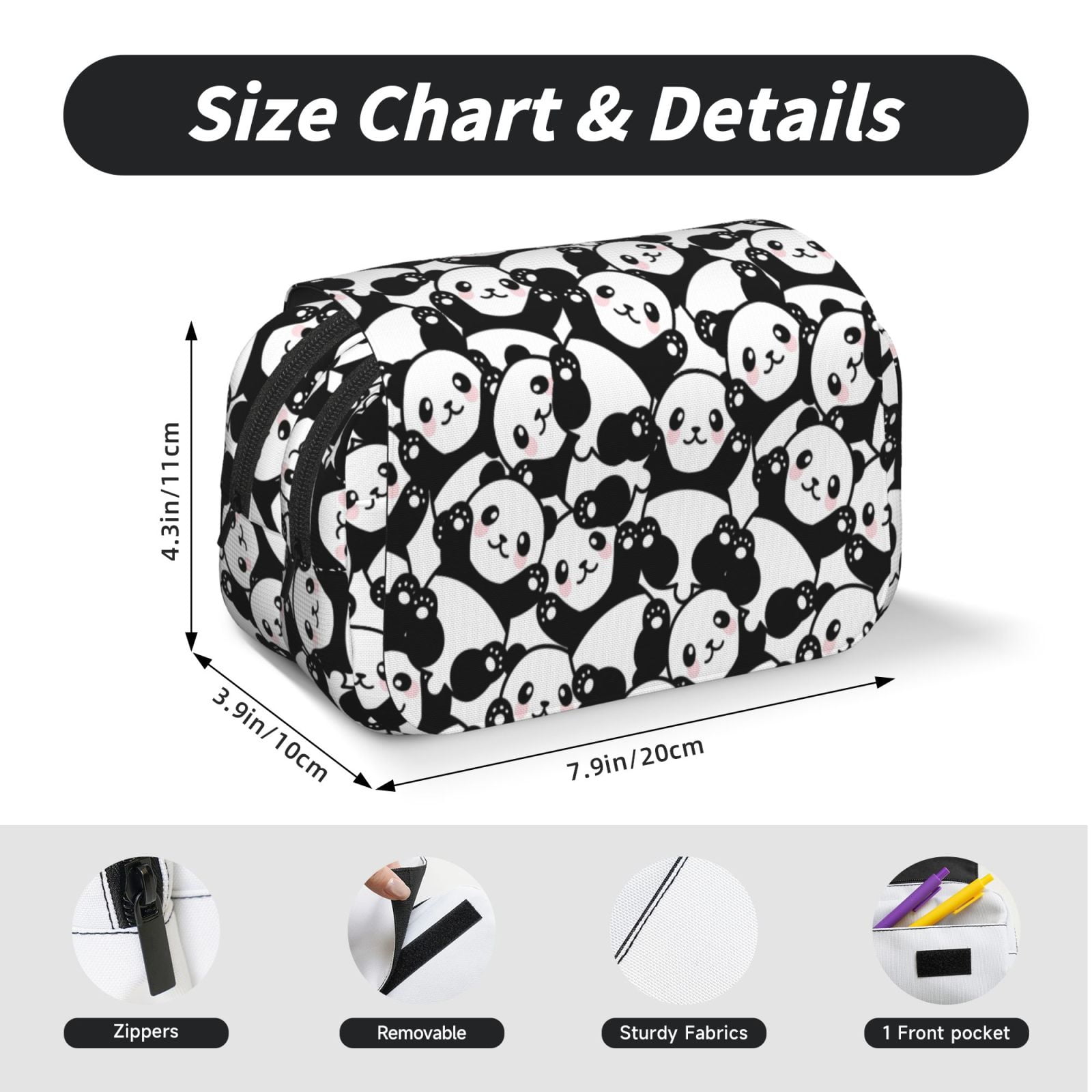 Rateoe Cute Panda (3) Pattern Double Clamshell Pen Case, Storage Organizer with Two Zipper Compartments– Holds Up to 50 Pencils & Pens