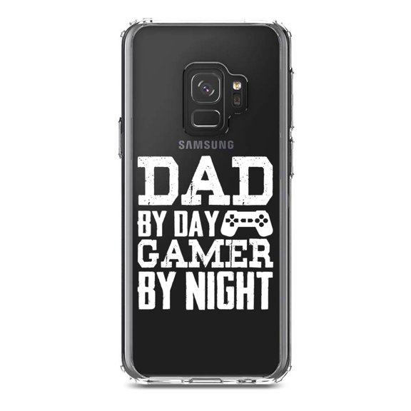 DistinctInk Clear Shockproof Hybrid Case for Samsung Galaxy S9 (5.8" Screen) - TPU Bumper Acrylic Back Tempered Glass Screen Protector - Dad By Day Gamer By Night