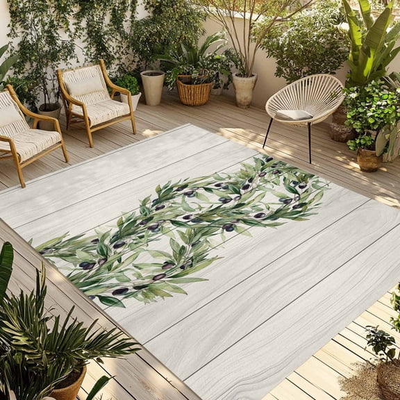 Sage Green Leaves Outdoor Rug for Patio/Deck/Porch, Non-Slip Large Area Rug 5 x 8 Ft, Summer Botanical Retro Art Wooden Indoor Outdoor Rugs Washable Area Rugs, Reversible Camping Rug Carpet Runner