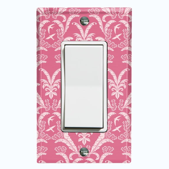 Metal Light Switch Plate Outlet Cover (Victorian Damask Flower Feather Red Pattern - Single Rocker)