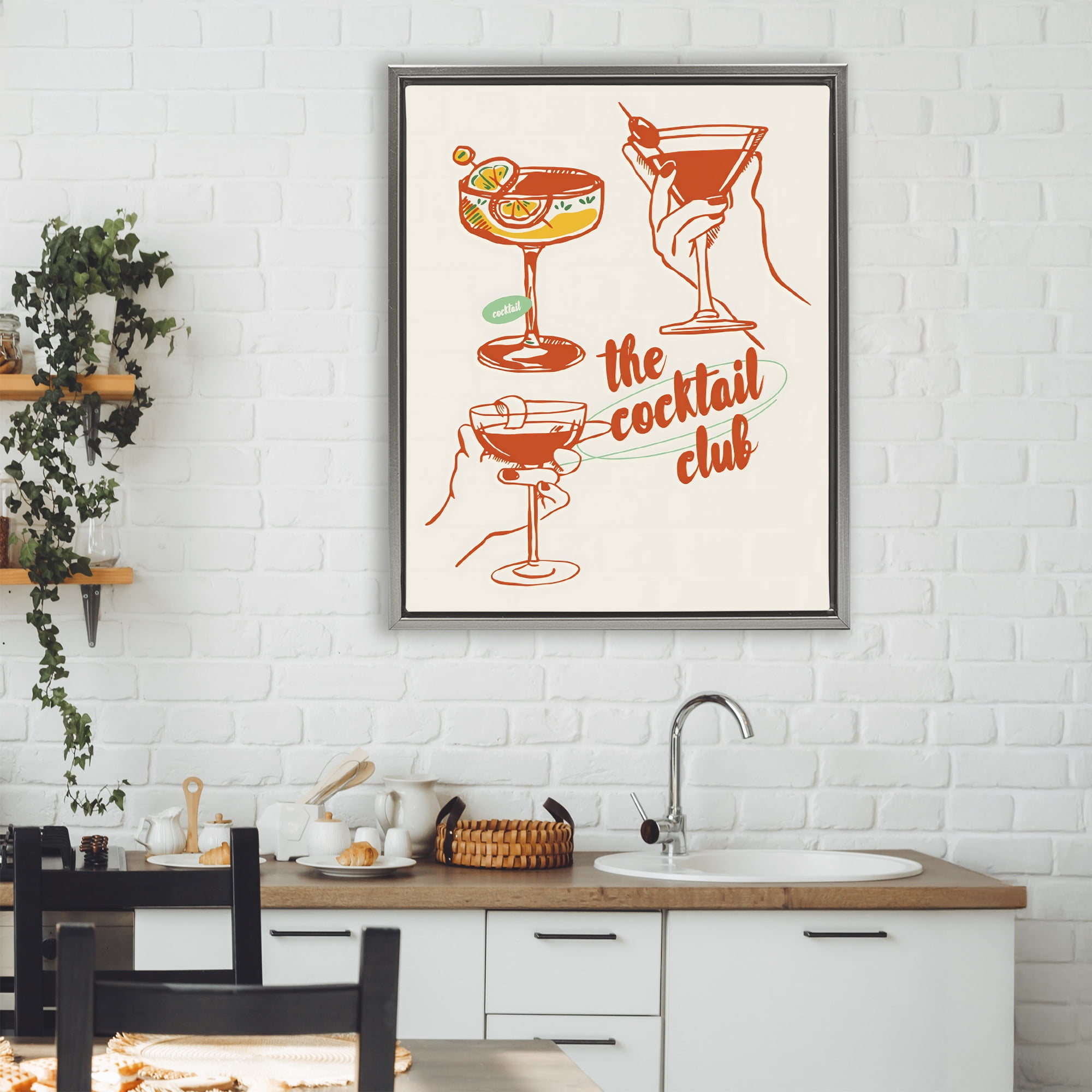 Stupell Industries Cocktail Club Toasting Glasses Gray Framed Floater Canvas Wall Art, design by The Prints Vibe