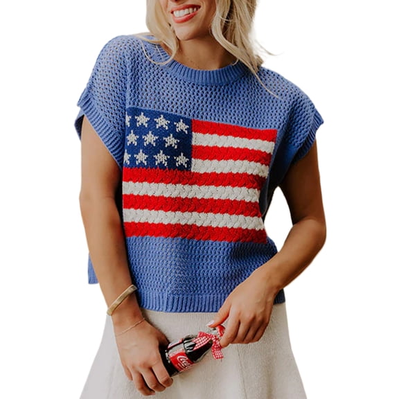 Sky Blue Flag Graphic Short Sleeve Sweater – Casual Summer Top for Women, Perfect for Daily Wear, XL