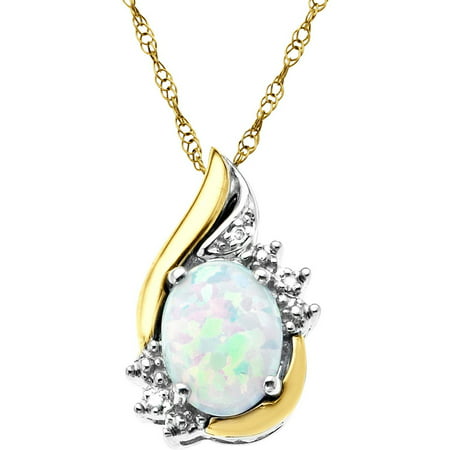 Duet Sterling Silver with 10kt Yellow Gold Oval Created Opal and Diamond Accent Pendant