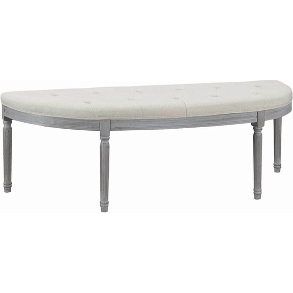 55 Inch Coastal Button Tufted Bench with Storage, Light Beige Upholstered Entryway Bench with Weathered Gray Legs for Bedroom, Hallway