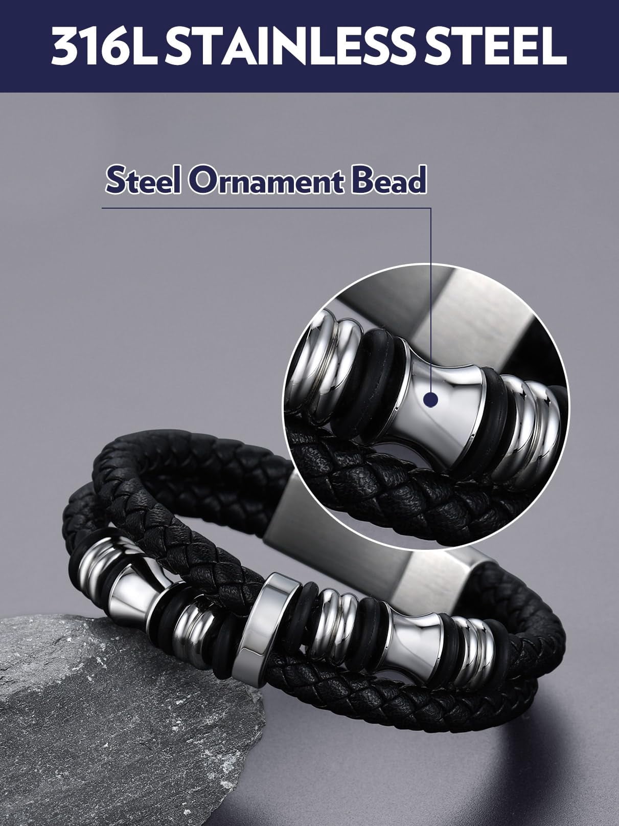 Bandmax Black Leather Bracelets for Men Double-Layer Braided Rope Bracelet with Stainless Steel Beads Wristband Wrist Bangle for Birthday Gift