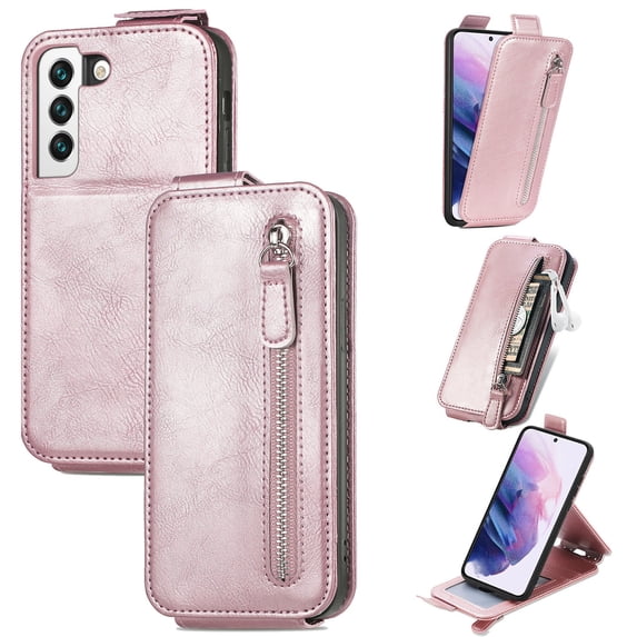 SaniMore for Samsung Galaxy S22 Magnetic Closure Top & Bottom Flip Wallet Case, Premium PU Leather Cover with Car Mount Card Slot & Adjustable Kickstand Full Body Protective Shell, Rosegold
