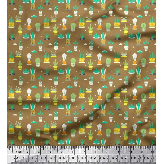 Soimoi Poly Georgette Fabric Triangle,Pot & Cactus Tree Decor Fabric Printed Yard 42 Inch Wide