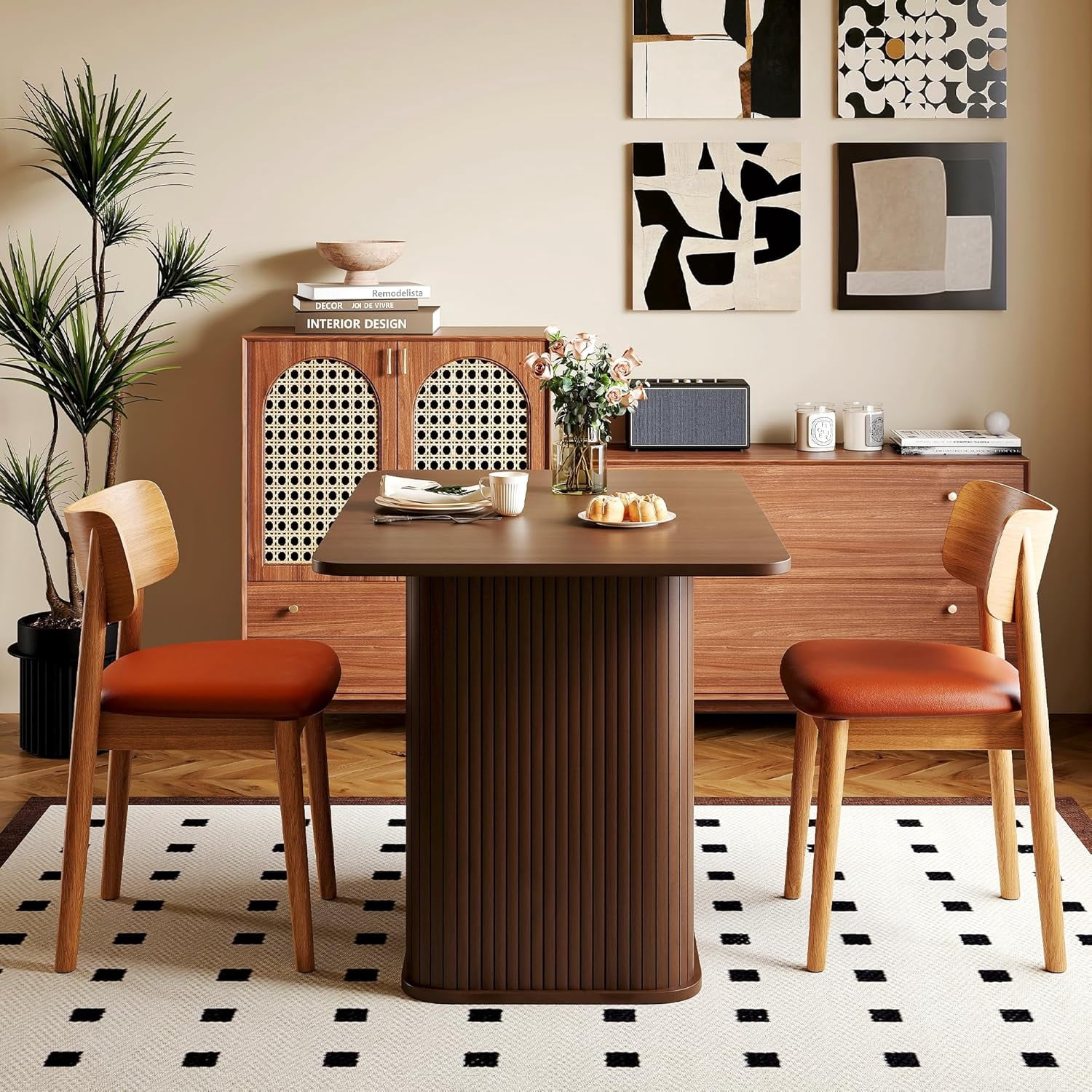 LAZZO 43.3" Dining Table for 4 People, Small Rectangular Kitchen Table with 3-Tier Storage Shelf, Walnut
