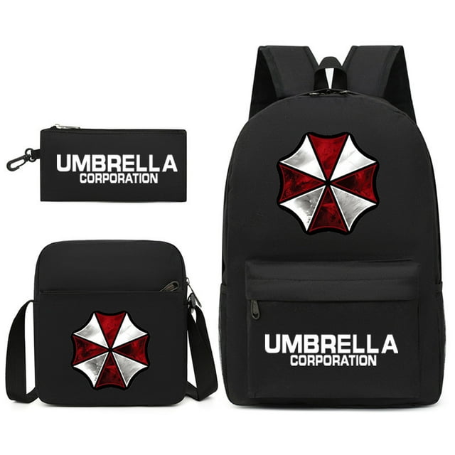 set de mochilas resident evil umbrella corporation anime school conjunto negro con logo rojo y blanco del paraguas; mochila frontal 32 x 13 x 45 cm con compartimento principal de gran capacidad y bolsillo delantero, bolsa mensajero con correa ajustable y bolsa para lápices rectangular; material poliéster, peso mochila 450 g; apto como mochila escolar y de viaje.
