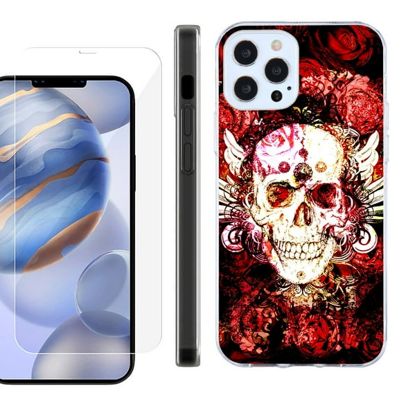 Slim Fit Protective Phone Case for Apple iPhone 12 / iPhone 12 Pro, with Tempered Glass Screen Protector, by OneToughShield ® - Rose Skull
