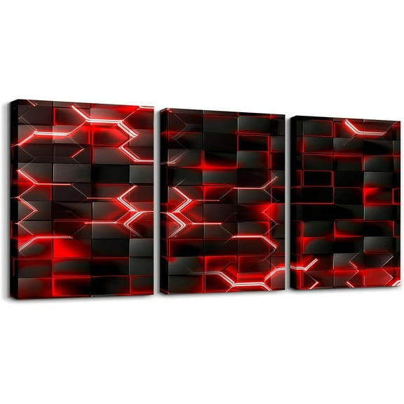 Hieng Gamer Canvas Wall Art for Living Room Red and Black Picture Wall Decor Gaming Ombre Office Wall Decorations Artwork Posters Geometry Square Wall Painting(Only canvas)
