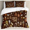 thumbnail image 1 of Coffee Queen Size Duvet Cover Set, Hand Drawn Cartoon Coffee Time Theme Sweets and Drinks Ornamental Symbols, Decorative 3 Piece Bedding Set with 2 Pillow Shams, Brown Multicolor, by Ambesonne, 1 of 3