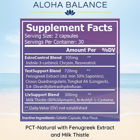 Natural PCT Testosterone Booster Supplement - Supports Increase in Lean Muscle by Aloha Balance, 1125mg, 60 Count
