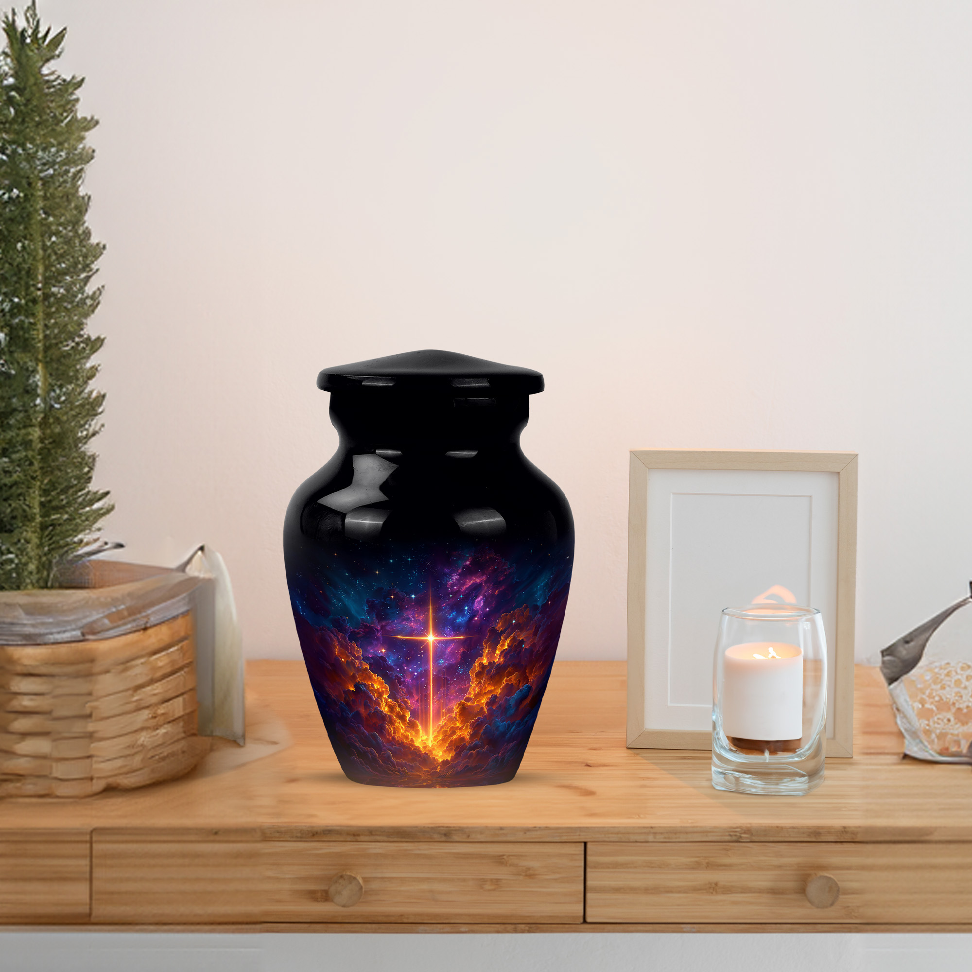 MUKTIVE Cross Tiny Burial Urns for Human Ashes Adult Man, Mini Black Cremation Urns for Adult Ashes Women, Tiny Purple Galaxy Memorial Urn for Mom, Decorative Funeral Urn for Dad, 3 Inch