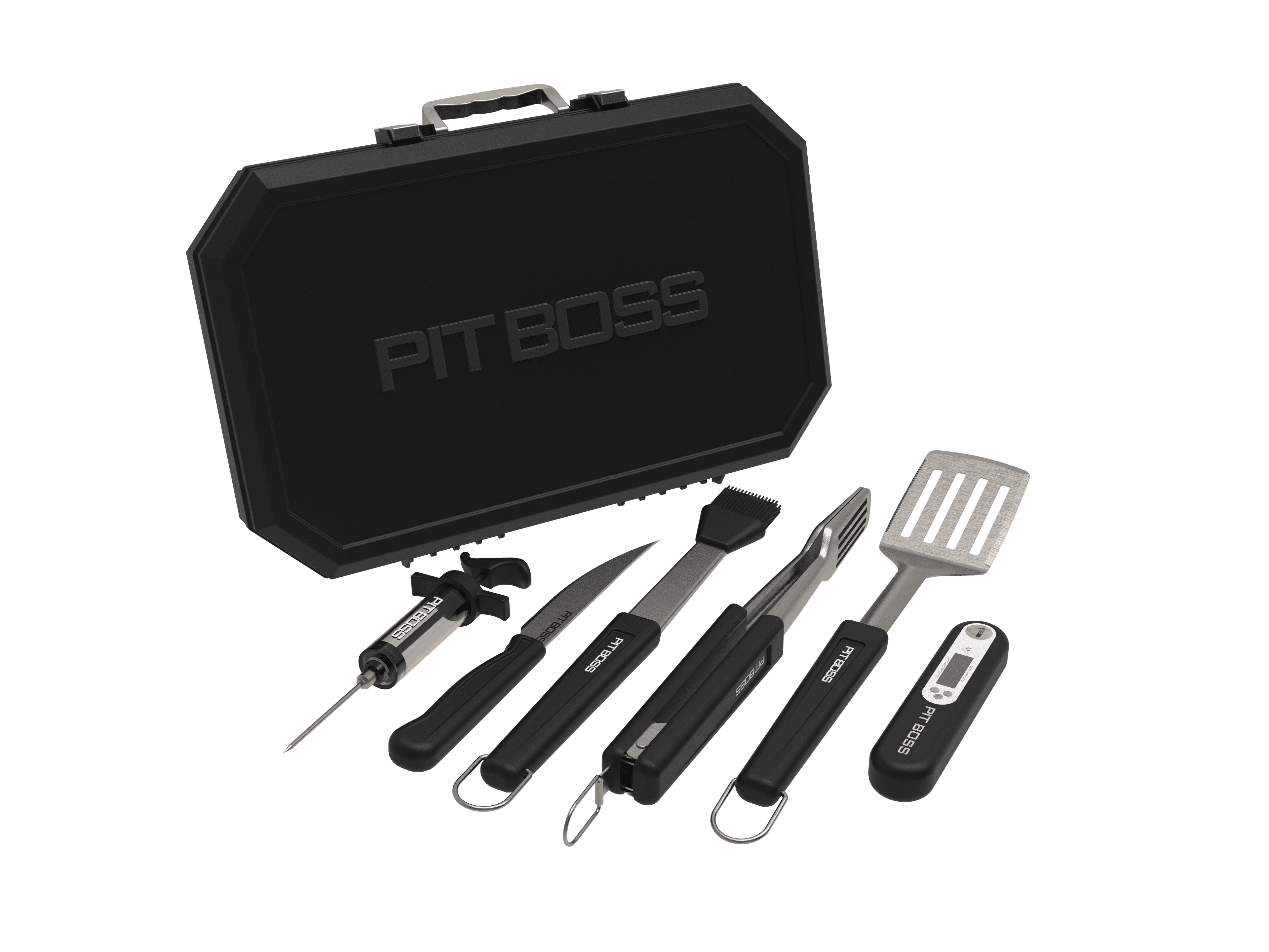 Pit Boss Six Piece BBQ Tool Set with Case Spatula, Thermometer, Knife