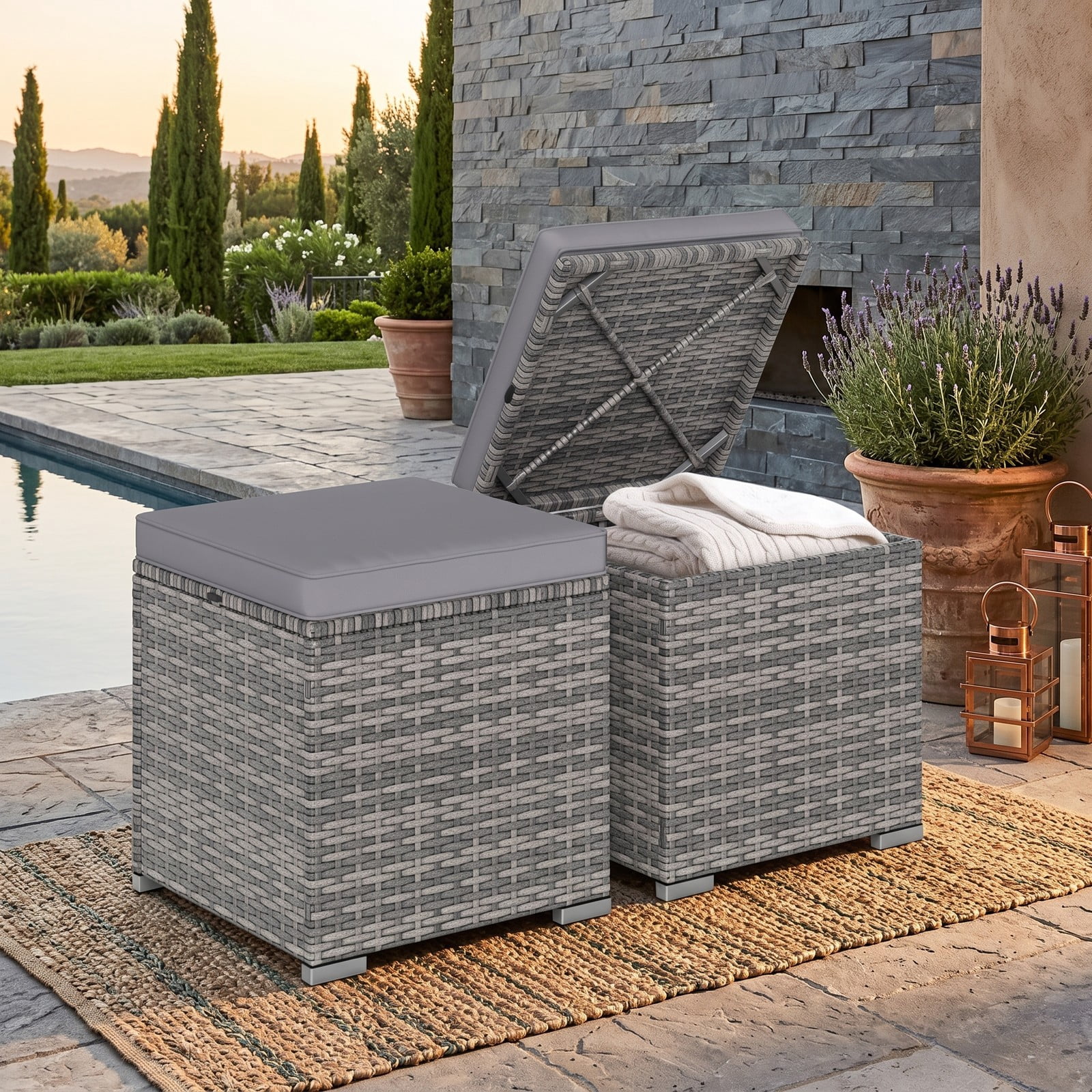 Furnibear Set of 2 Outdoor PE Wicker Patio Storage Ottomans with Hidden Space and Cushions for Foot Rest and Extra Seating, Gray