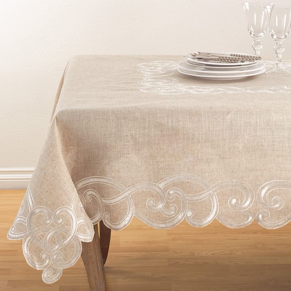 Fennco Styles Embroidered Scallop Design Natural Linen Blend Tablecloth