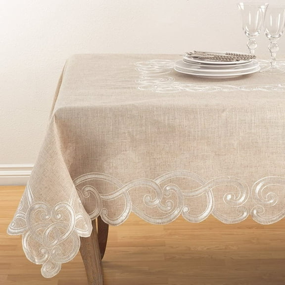 Fennco Styles Embroidered Scallop Design Natural Linen Blend Tablecloth 67"x67"