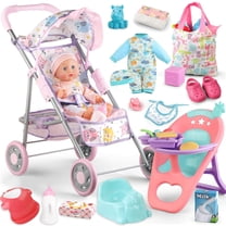 LINXUXIE 18 PCS Baby Doll Stroller Set, Kids Interactive Pretend Play Toys with 12-inch Doll & Dining Chair, Birthday Gifts for Kids 3-5 4-6 Year Old