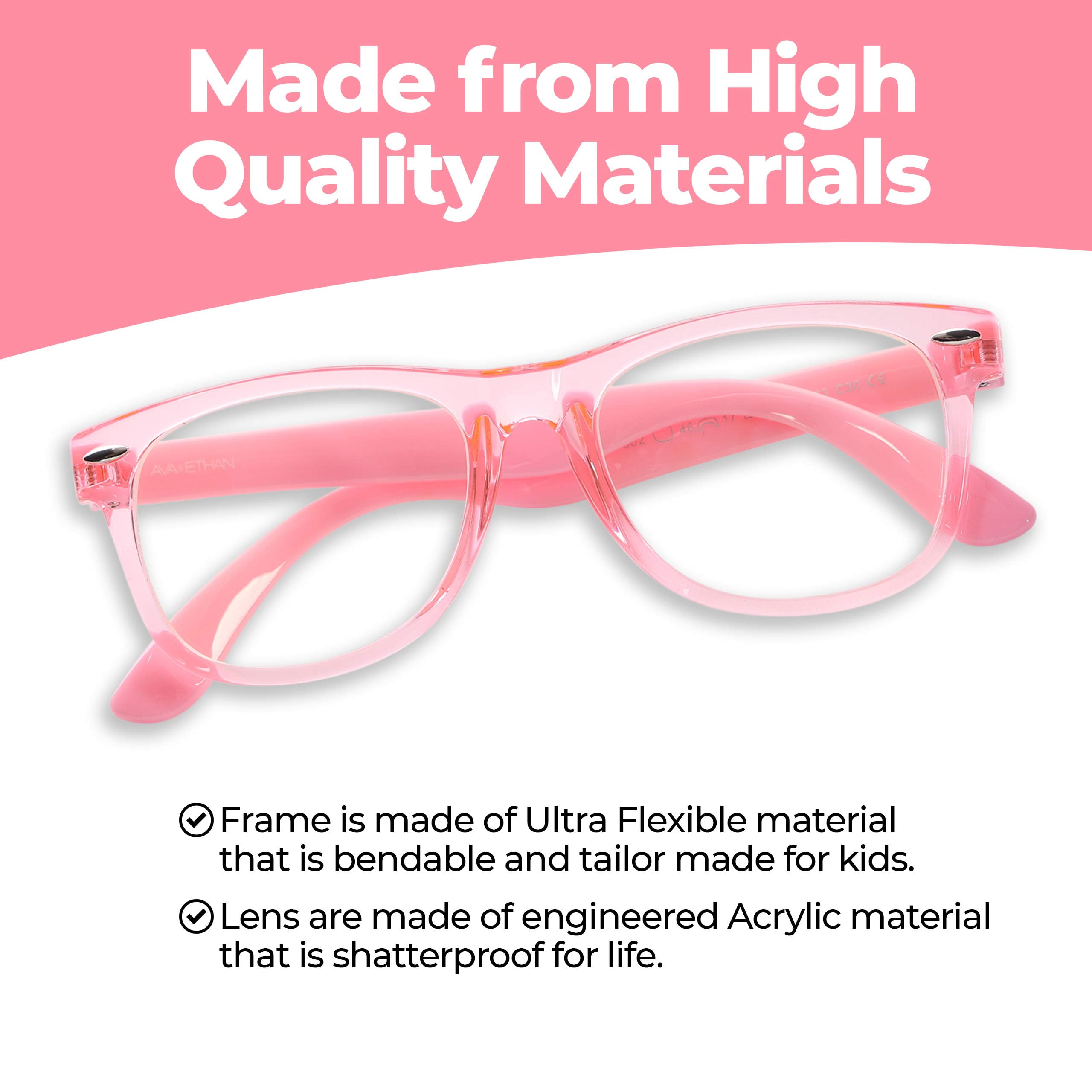Ava & Ethan Clear Lens Glasses for Kids, Non Prescription Fake Glasses for Toddlers/Kids (Ages-3-12) Pink