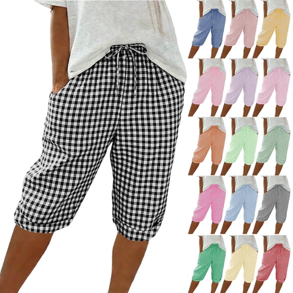 Women Summer Shorts Gingham Plaid Cotton Linen Shorts Drawstring Elastic Waist Loose Beach Shorts with Pockets