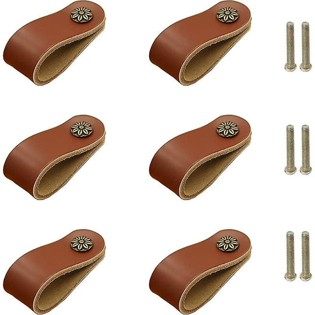 Tiradores para muebles marrones 6 piezas Pomos para muebles de cuero genuino, tiradores de cajón con manijas de gabinete con tornillos de 22 mm, manijas de puerta de cuero hechas a mano para armario