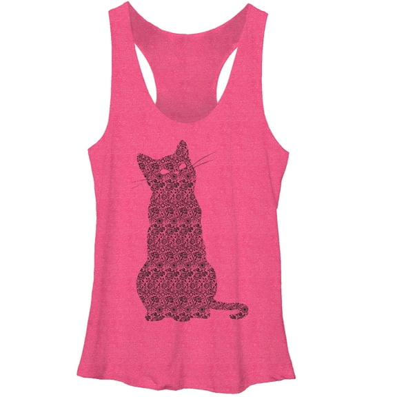 Women's Lost Gods Floral Print Cat Racerback Tank Top Pink Heather Small