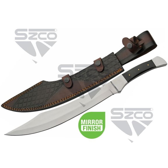 SZCO 18" Utility Full Tang Scimitar Style Bowie Knife, Stainless Steel Blade With Leather Sheath for Hunting
