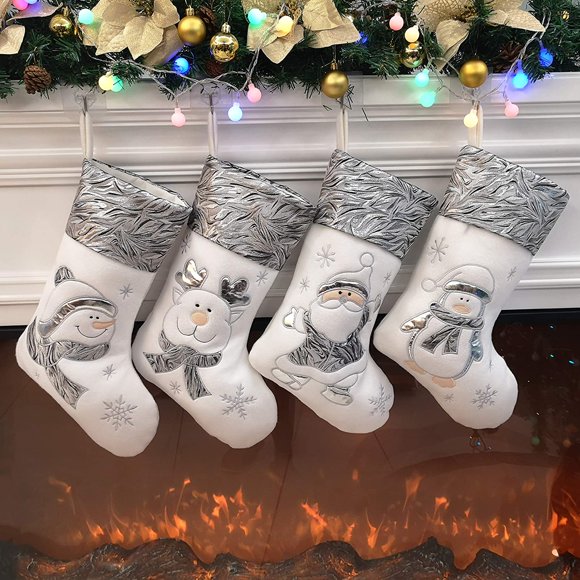 Bstaofy 4 Pack 18'' Christmas Stockings Stretchable Handmade Sliver Snowflakes and Reindeer Assorted Xmas Tree Hanging Decorations (Style 4)