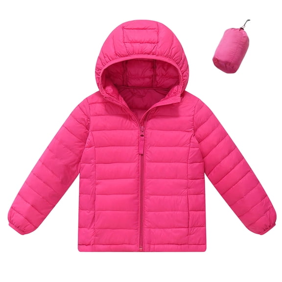 Spazoro Girls Hooded Puffer Jacket, Long Sleeve Solid Color Full Zip Packable Regular Fit Warm Winter Outerwear Coat for Kids Hot Pink Size 3-4 T
